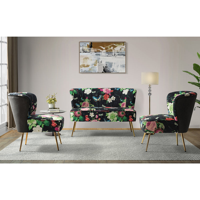 Ensemble de salon rembourré en polyester 3 pièces avec pieds en métal , 100% polyester noir / vert / rose