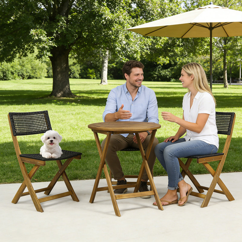 Ensemble bistro 3 pièces en bois d'acacia, meubles de patio pliables avec table à lattes ronde et chaises en rotin d'osier, aucun assemblage requis