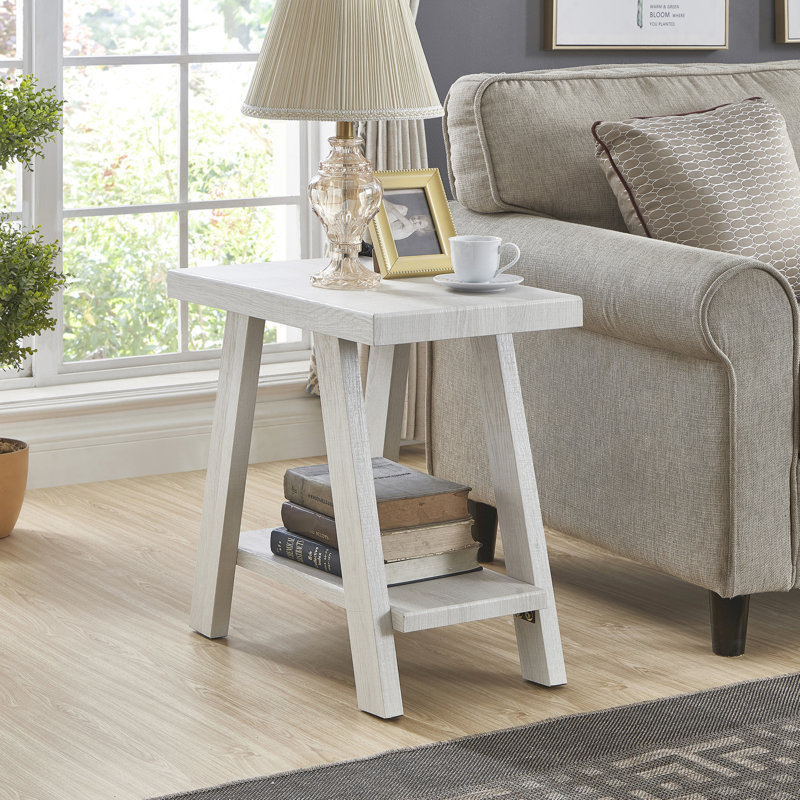 Table d'appoint contemporaine en blanc avec tablette de rangement supplémentaire - plateau de table en placage de bois franc fin, possibilité et pieds élégants à larges angles à thème en bois pour le décor de bureau Compartiment supérieur, chic