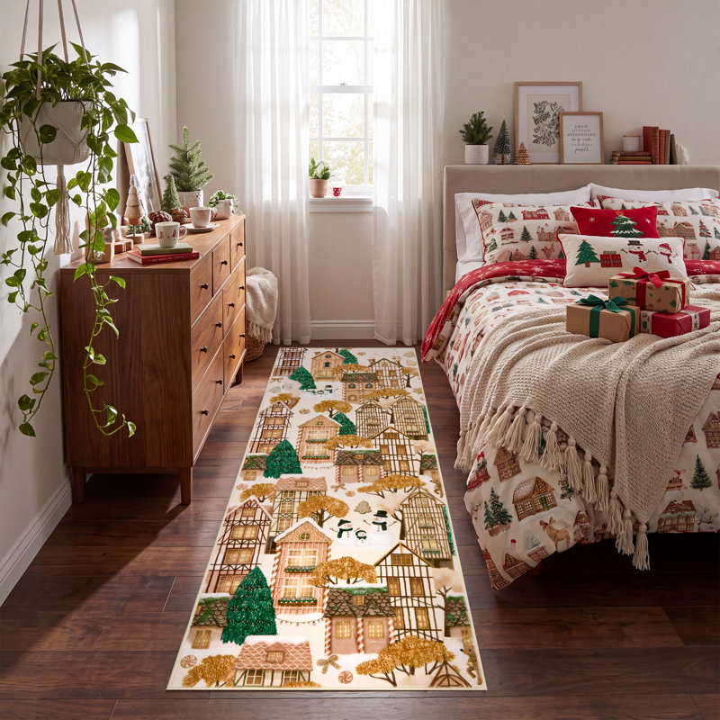 Tapis imprimé lavé et plié à l'envers inférieur, Noël Ville de Noël, Coffee, 2*6