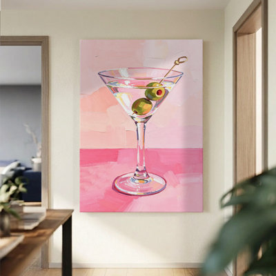 'Martini Glass with Olives' Impressionist Oil Painting Print on Wrapped Canvas - Pink