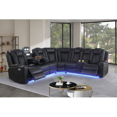 3 - Piece Vegan Leather Power Reclining Sectional Sofa With Bluetooth Speaker, Led Lights And Wireless Charging Station by Ivy Bronx