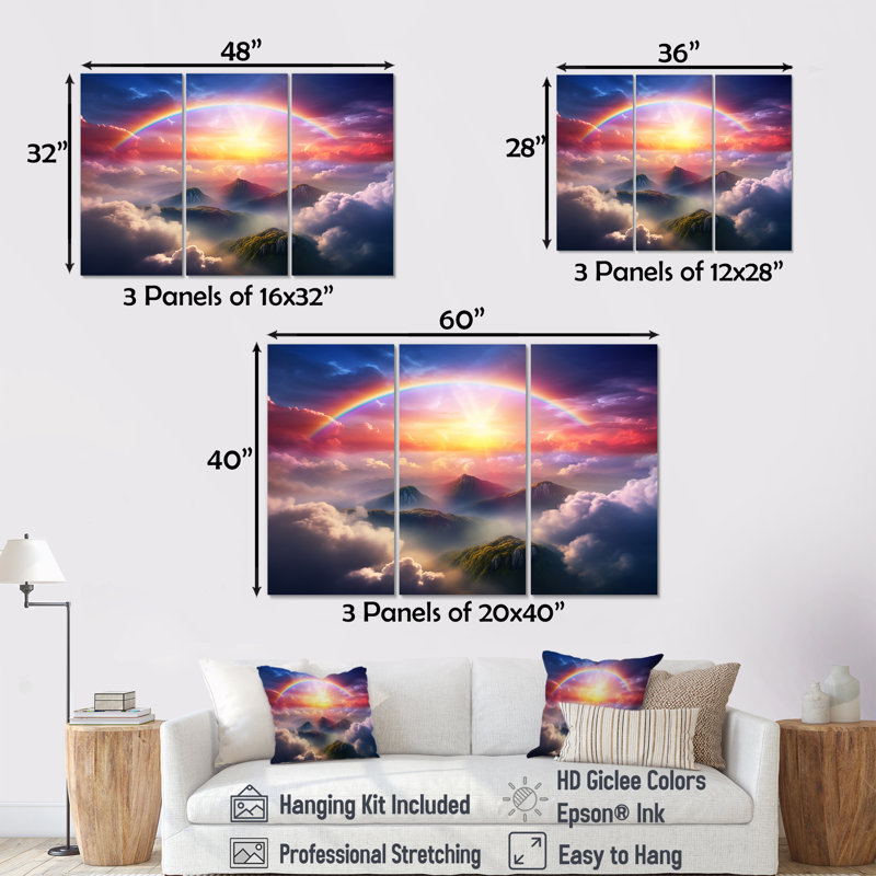 Ensemble de salon Magical Rainbow Over Misty Mountain Clouds - Rainbow Wall Art, H 28 po x l 36 po x P 1 po, Toile tendue