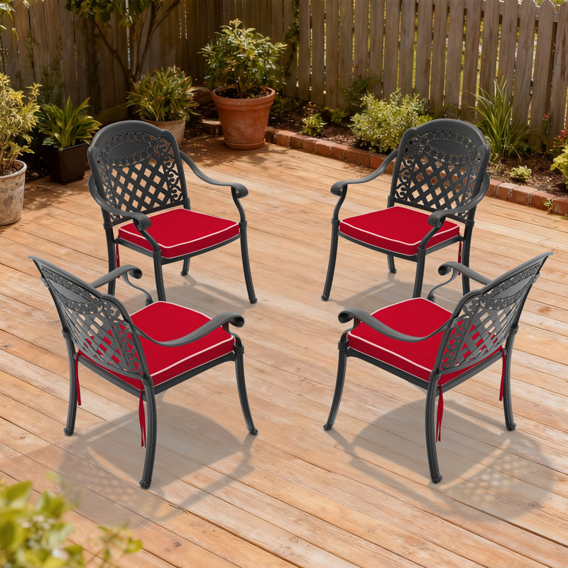 Chaise de patio en fonte d'aluminium 4 pièces avec cadre noir et coussins rouges, 4
