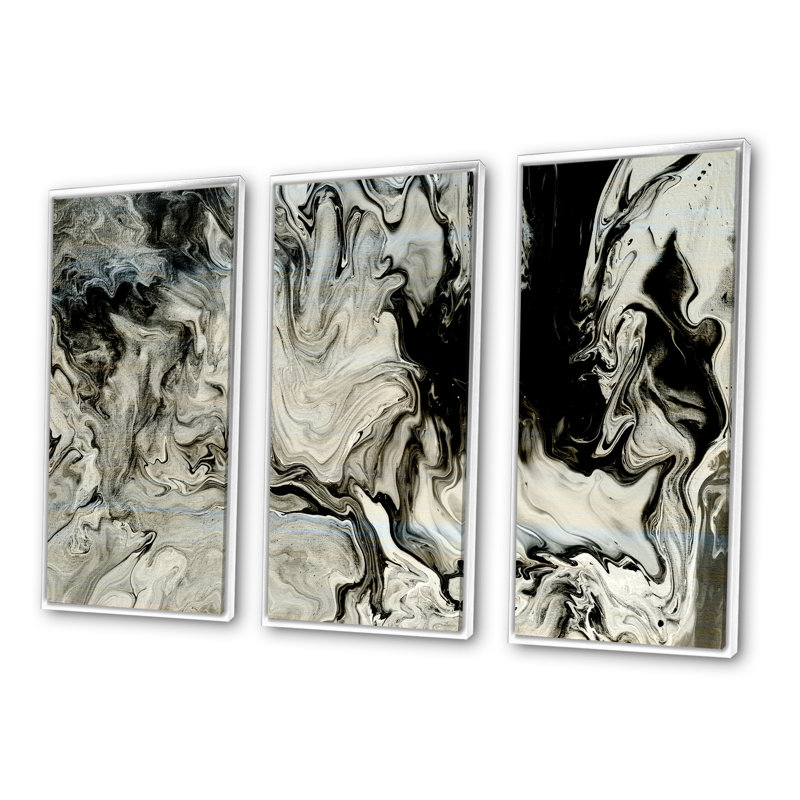 Blanc, gris et blanc peint à la main en marbre acrylique VII - ensemble d'art moderne sur toile encadrée moderne de 3