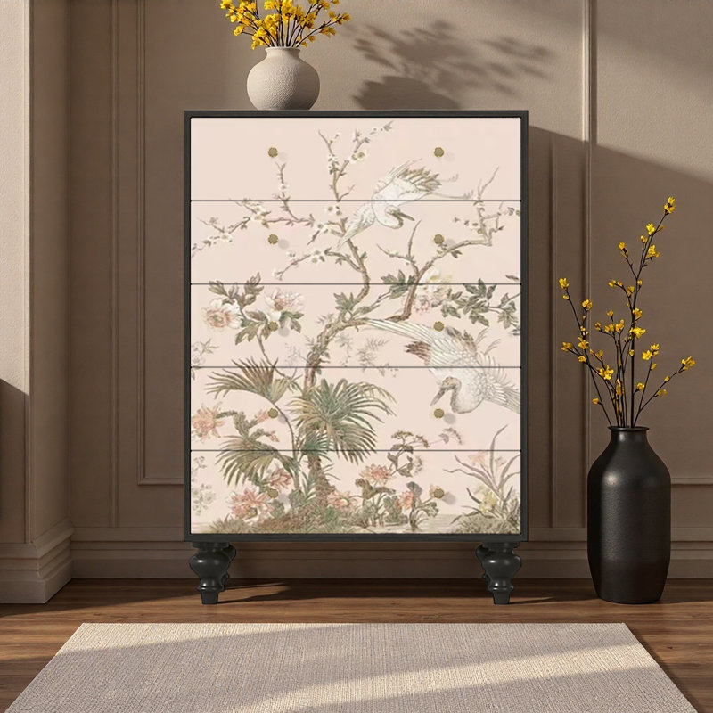 Commode à tiroirs en bois massif French Floral Bird, Noir