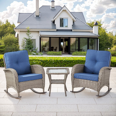 Valierius 3 Piece Patio Furniture Set Comfortable PE Rattan Wicker Outdoor Rocking Chairs & Side Table Perfect For Outdoor Relaxation, Front Porch, Or