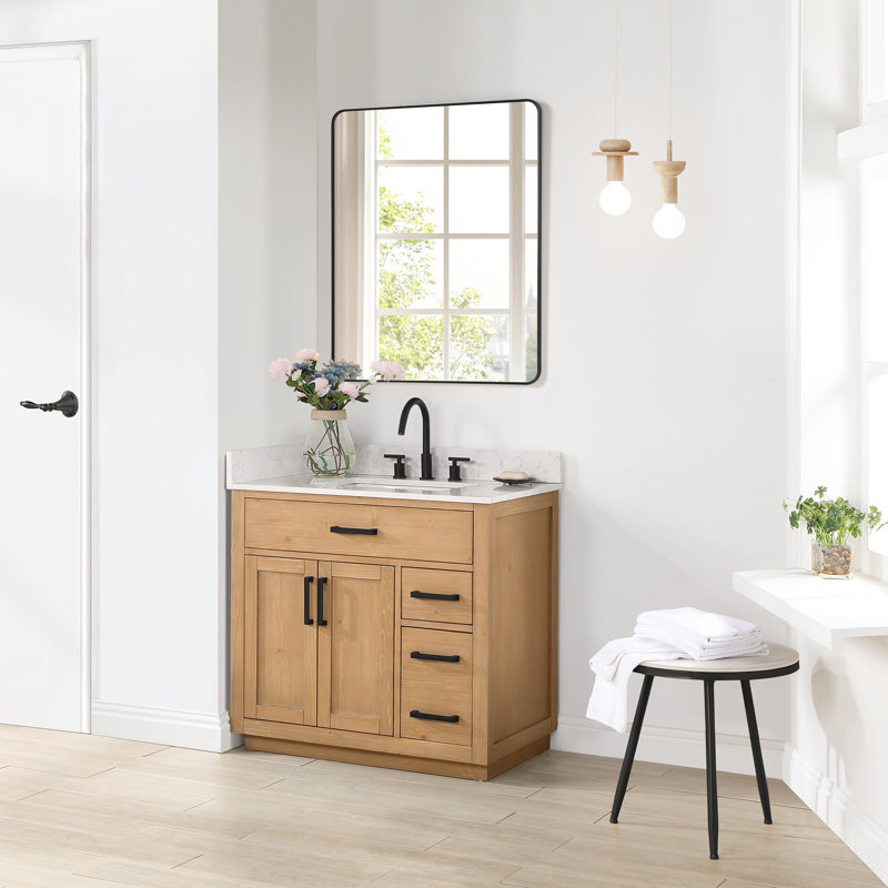 Ensemble de meuble-lavabo simple 36 po avec miroir Gavino, Brun pâle, Noir mat