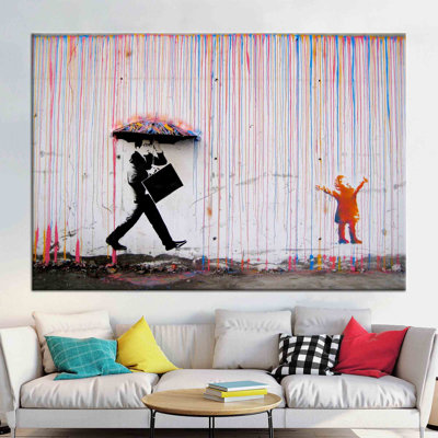 Banksy Inspired Abstract Rain Wall Art Featuring Kids with Umbrellas in Striking Graffiti Style for Contemporary Home Decor