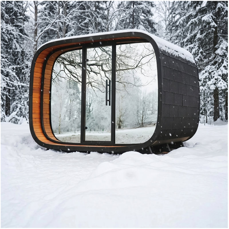 Outdoor Square Barrel Sauna Room for 6-8 Person, 8KW Harvia Heater with WiFi Control, Red Cedar Wood Cabin, 8mm Mirror Glass Door & LED Backrest Lighting, Asphalt Shingles Roof, 220V, Full View