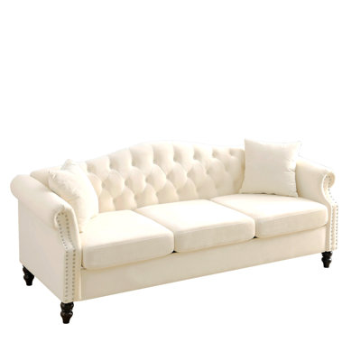 79" Chesterfield Sofa Velvet For Living Room, 3 Seater Sofa Tufted Couch With Rolled Arms And Nailhead For Living Room, Bedroom, Office, Apartment, Two Pillows