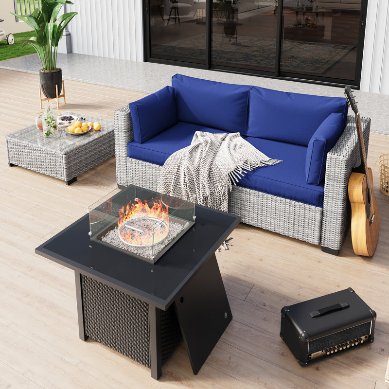 No-Assembly Chairs, 2-Person Patio Furniture Set Durable Wicker Outdoor Sectional Seating Group Outdoor Conversation Sofa With Fire Pit