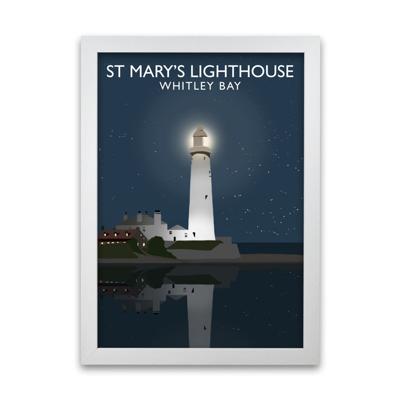 St Mary's Lighthouse Whitley Bay At Night by Richard O'Neill - Print, White Framed, 59.4cm H x 42cm W x 3cm D