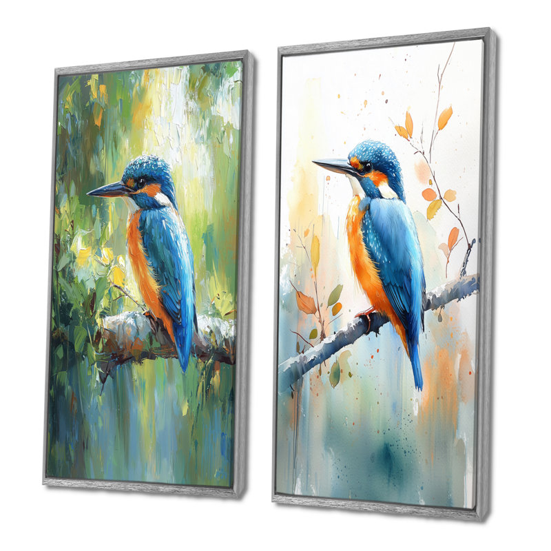 Art mural 2 pièces "Martin-pêcheur à la ferme" - animaux, H 28 po x l 25 po, Encadrement argenté
