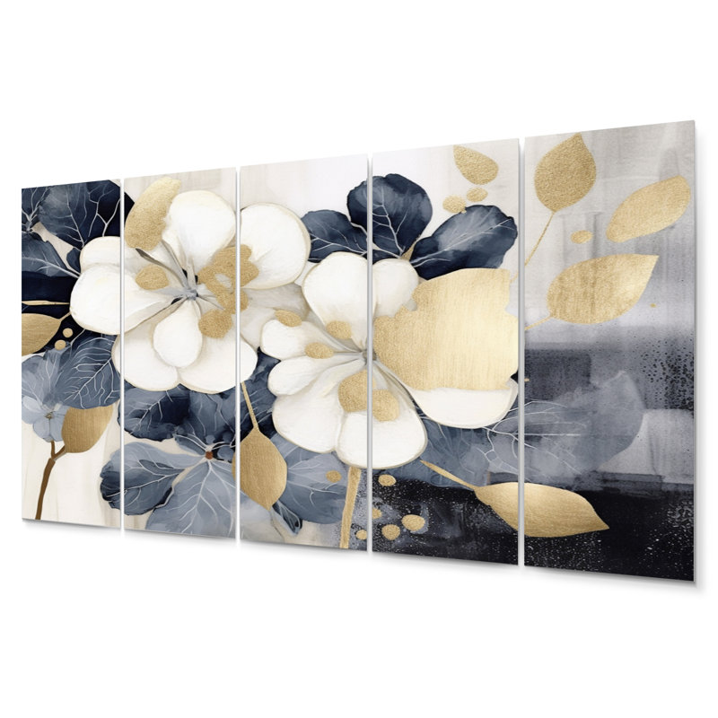 White Gold Hydrangea Blooms Heaven II - 5 Piece Wall Decor Set Metal
