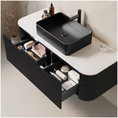 DINA 48" Bathroom Vanity&Sink, Floating Curved Edges Striped Bathroom Storage Cabinet with 2 Drawers, Black Rectangular Ceramic Basin&Carrara White Sintered Stone Top, Pre-assembled, Black Color