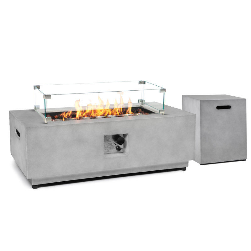 42-inch Rectangular Concrete Propane Fire Pit Table,50,000 BTU,Includes Glass Wind Guard and Tank Cover,for Patio,Deck,or Backyard