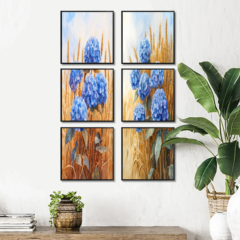 «Hortensias de campagne dans le champ de blé», ensemble de 6 reproductions d'art sur toile florales, Noir