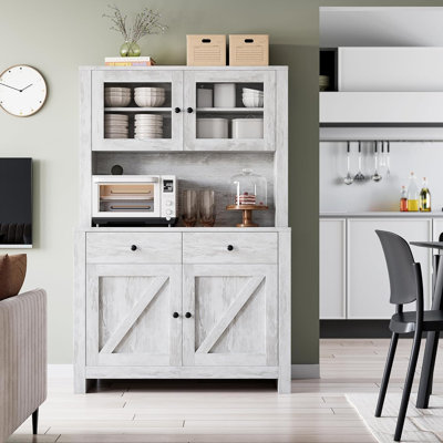 Kitchen Pantry Cabinet With Microwave Stand, Freestanding Hutch With Drawers, Doors & Adjustable Shelves