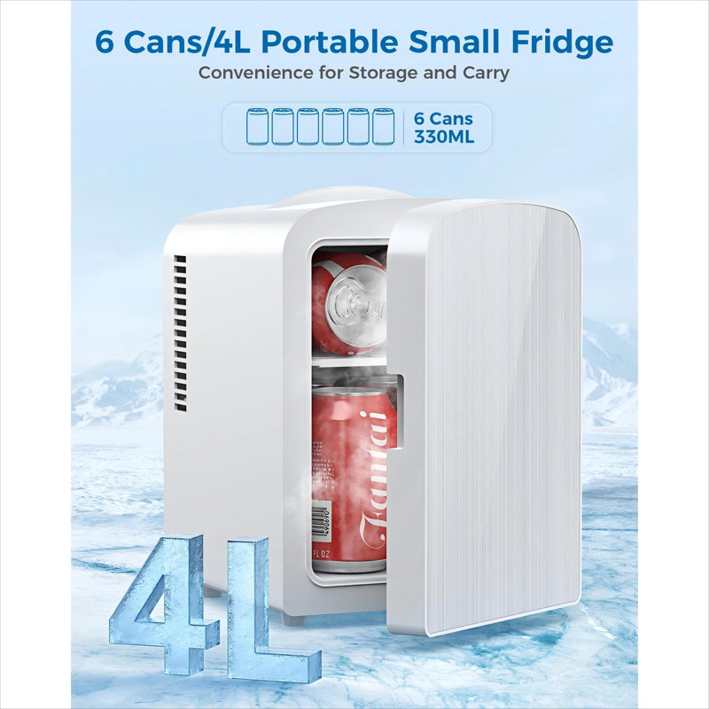 Portable Mini Fridge For Rv/Personal Use – 4L (Holds 6 Cans), Stainless Steel Door, 12V Ac/Dc, Perfect For Skincare & Makeup Storage.