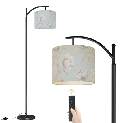 Arc Floor Lamp with Adjustable Lampshade Delicate Floral Soft Blue Light Yellow Accents Standing Lamp 3 Color Temperatures Dimmable Tall Pole Lamp with Foot Switch for Bedroom