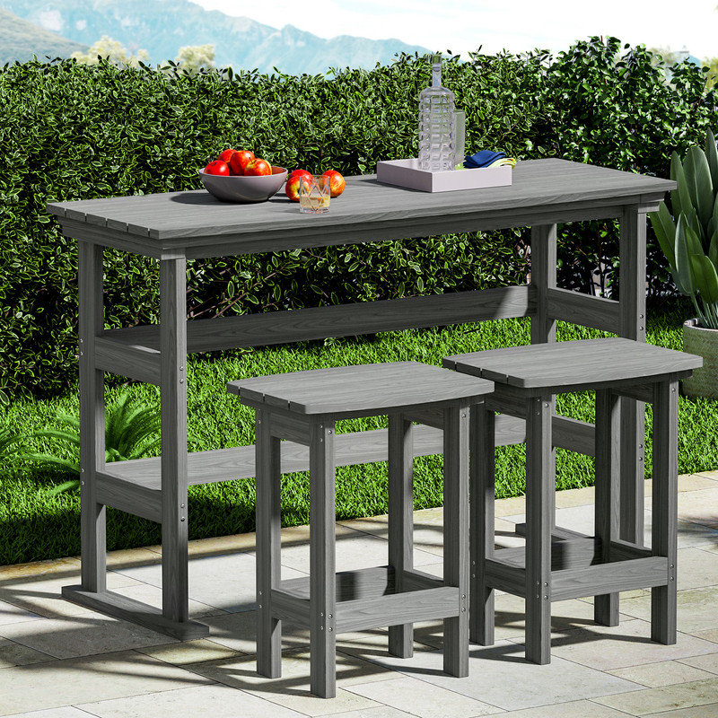Davonia 3-Piece HDPE Plastic Outdoor Plastic Outdoor Patio Rectangle Bar Height Bistro Dining Set in Gray