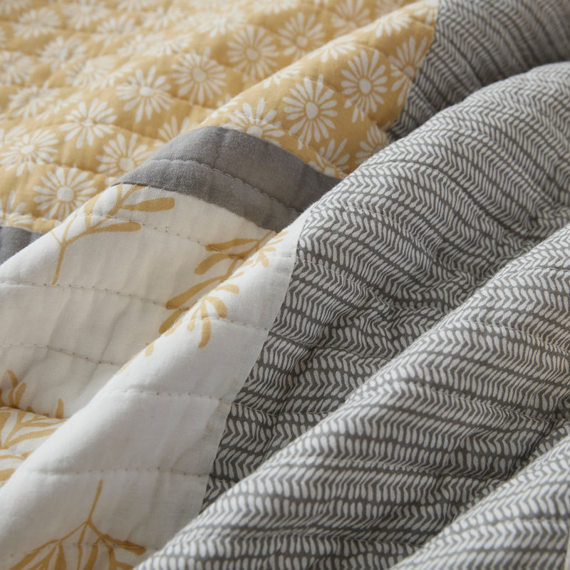 DDUOXIN 100% Cotton 98×106 inch Patchwork Quilt Sets - 1 Quilt with 2 Pillow Shams, Yellow/Gray, King Quilt + 2 Shams