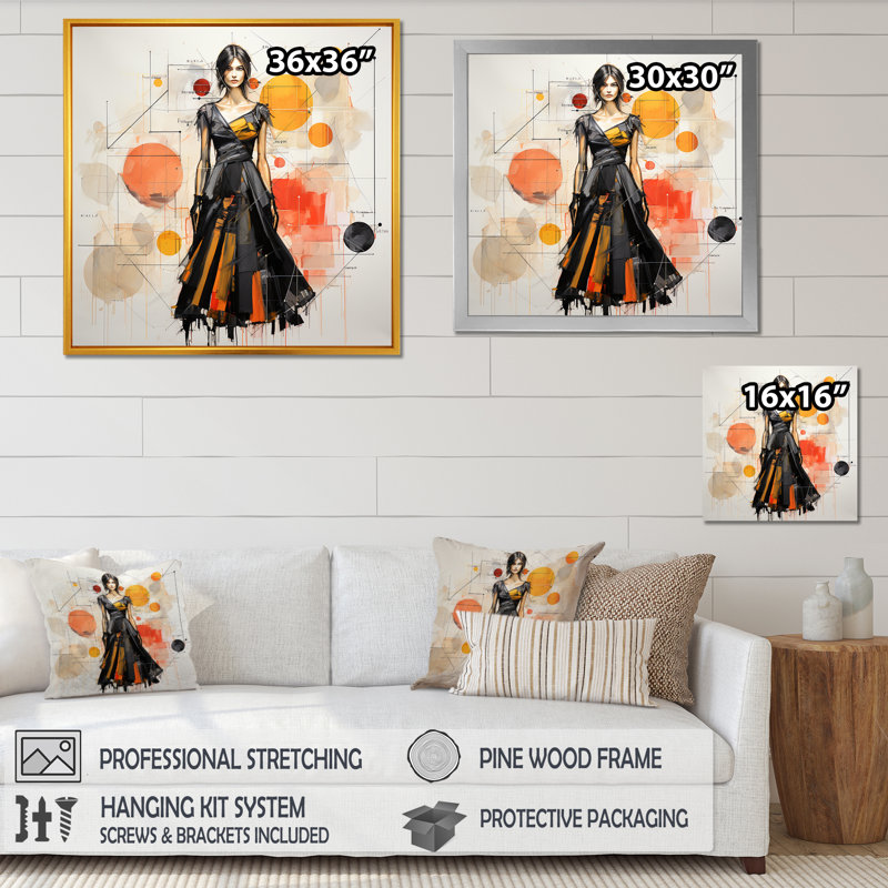 «Geometric Grace Fashion Diva I», art mural tendance, Cadre simple noir, H 16 po x l 16 po x P 1 po