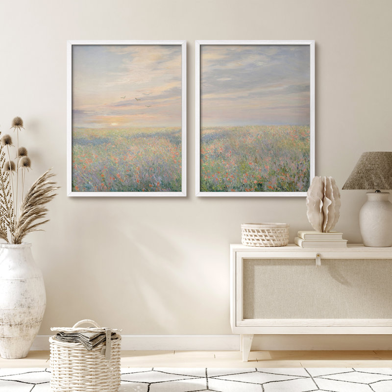2-Piece Framed Sunrise Meadow Wall Art Set - Impressionist Landscape Prints for Living Room or Hallway Decor, 14" H x 11" W