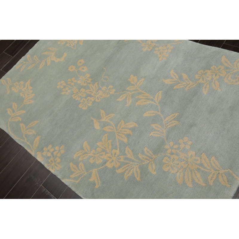 Tapis tibétain floral transitionnel en laine noué à la main 4 x 6 po Michaelian & Kohlberg Aqua