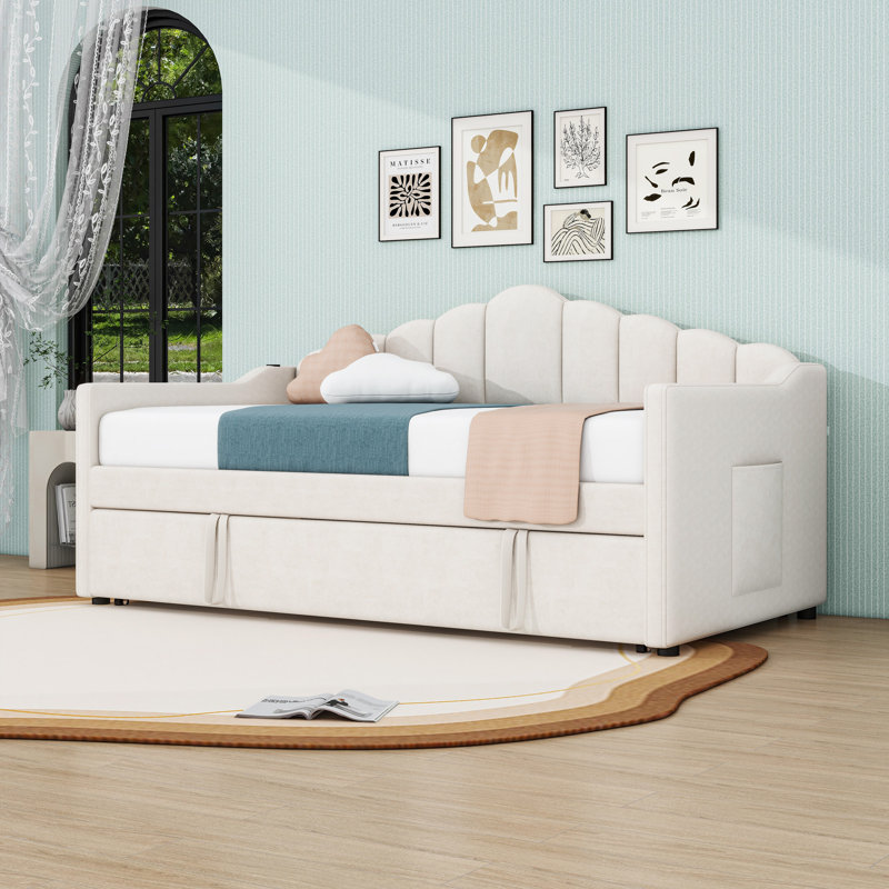 Twin Velvet Upholstered Daybed with Pop-Up Twin Trundle, Charging Station and Storage Pockets, Beige