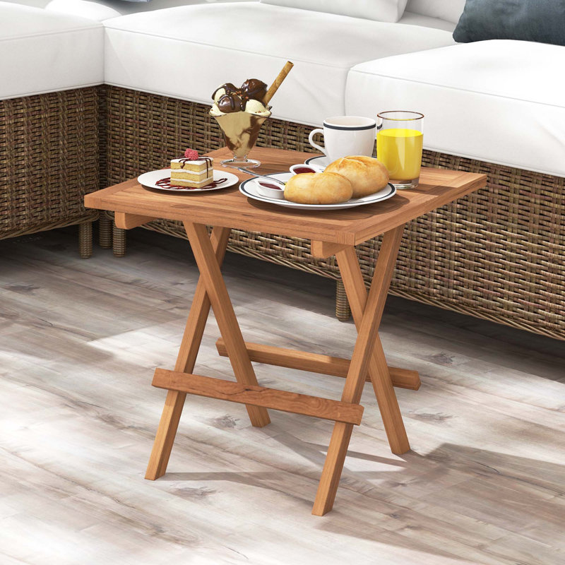 Highland Dunes 1 Pc Patio Folding Side Table Teak Wood Square Slatted Tabletop Portable Picnic, 1