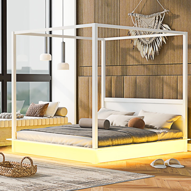 Lit plateforme à baldaquin en bois à DEL avec éclairage intégré et table de chevet sous le lit