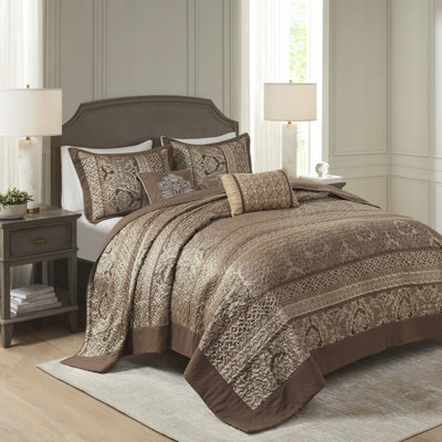 Ensemble de literie réversible luxueux 5 pièces en jacquard brun / doré pour grand lit