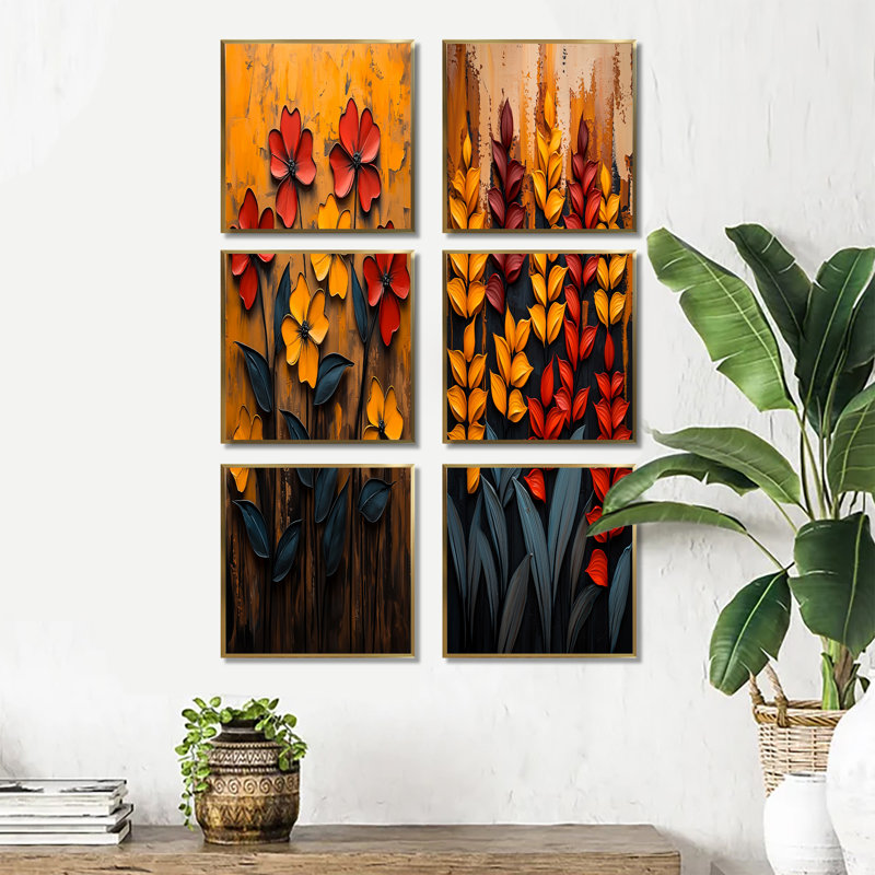 Plantes d'automne, pétales de la saison - ensemble d'art mural floral de 6, Impression encadrée sans passe-partout, Doré
