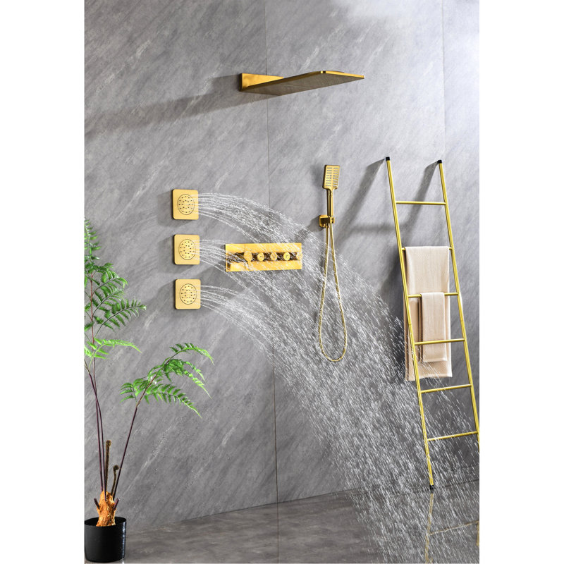 Douche murale dorée, 3 jets pour le corps et protection contre la pluie naturelle en laiton