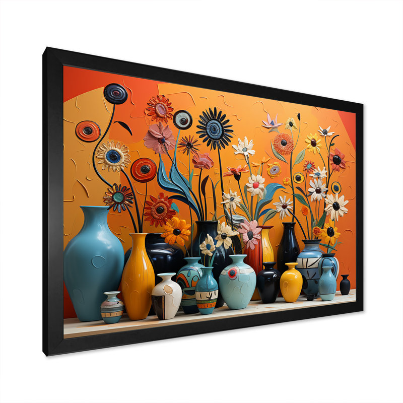 «Orange Boho Pottery Expressions II», art mural Boho, Cadre d'angle fermé noir, H 12 po x l 20 po x P 1 po