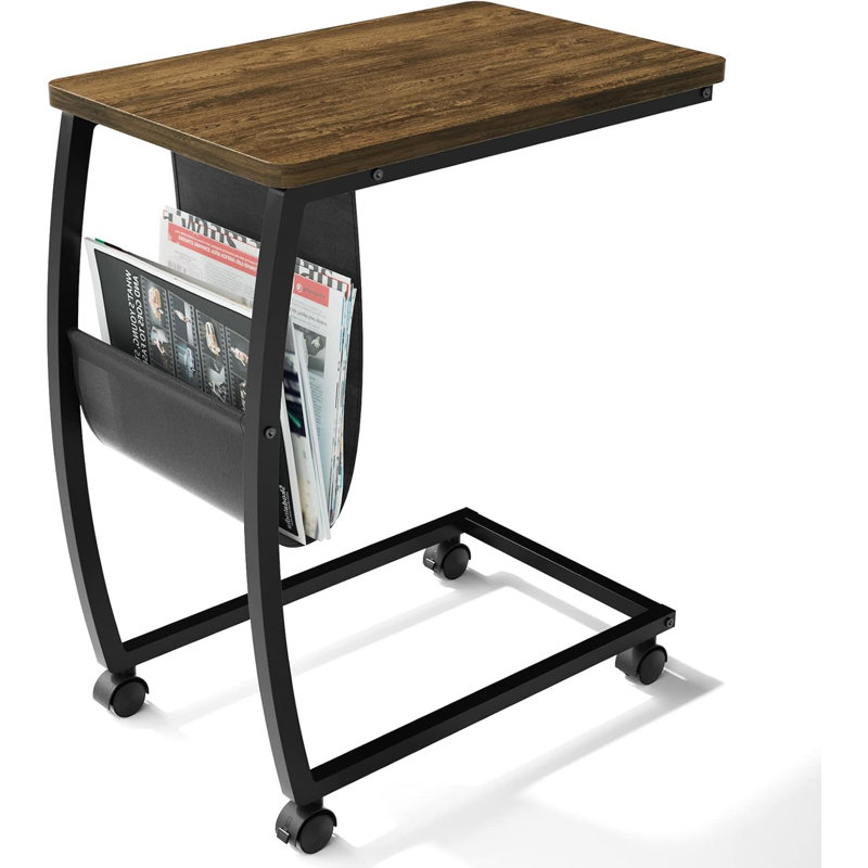 C Shaped End Table With Storage Pocket And Rolling Wheels For Laptop Coffee Snack, Light Walnut
