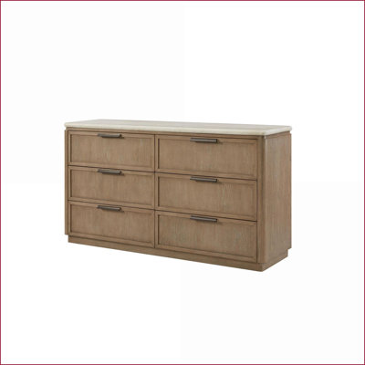 Plateau en pierre 6 tiroirs commode moderne | Placage de chêne et caramel | Beige | Bois massif et panneau de fibres à densité moyenne