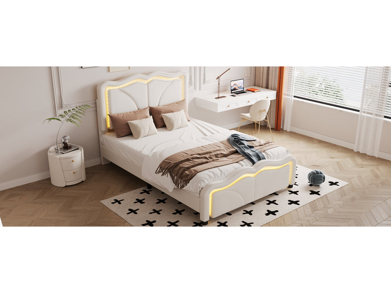 Lit plateforme simple tapissier avec tête de lit courbée et à hauteur ajustable, bandes lumineuses à DEL, blanc