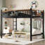 Lit mezzanine double en métal, de couleur noire, comprenant des échelles, des tablettes de rangement et une bibliothèque, adapté aux chambres à coucher, lit noir, équipé d'un coffre-fort pratique-11345344