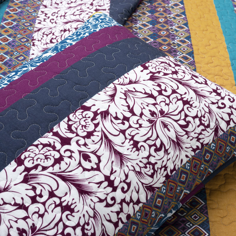 Boho Stripe Reversible Coverlet Set, Full/Queen Quilt + 2 Standard Shams, Purple/Yellow