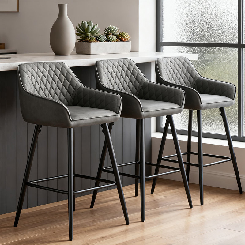Upholstered Counter Stool with Metal Frame, Grey Faux Leather