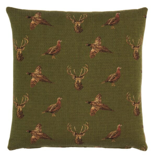 Highland Green Tapestry Cushion with Feather Filler 