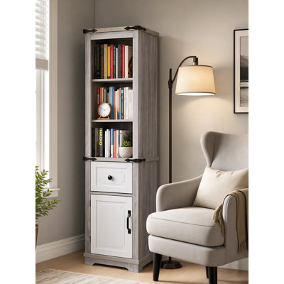 Armoire de rangement étroite Farmhouse, grande tour à linge de salle de bain et bibliothèque avec tablettes réglables et tiroir pour le salon, gris et blanc