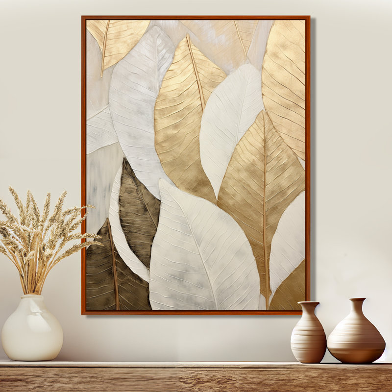 «Gold Minimalisme Leaves Collage III - Leaves», reproduction d'art sur toile encadrée, H 32 po x l 16 po x P 1 po