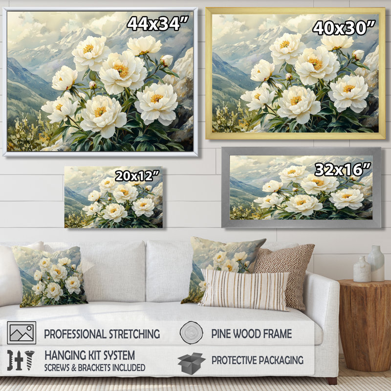 Pivoines près de la crête de montagne III - pivoines, art mural, H 12 po x l 20 po, Toile tendue