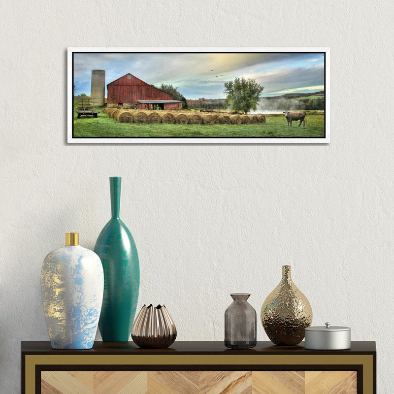 Hay Harvest by Lori Deiter - Panoramic Print on Canvas, 30.48cm H x 91.44cm W x 3.81cm D, White Framed