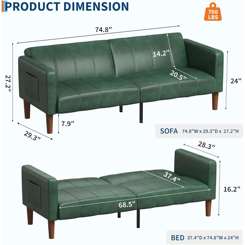 75 in Futon Sofa Bed, Convertible Sleeper, Faux Leather Small Couch, Loveseat, Mid-Century Modern Couch for Living Room, Bedroom,Green