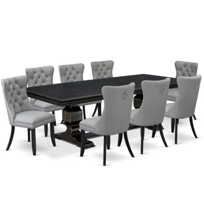  Cet ensemble de cuisine 9 pièces de style Mid-Century comprend une table en bois et 8 chaises de cuisine en tissu de polyester gris clair avec dossier capitonné à boutons - finition noire sablée.